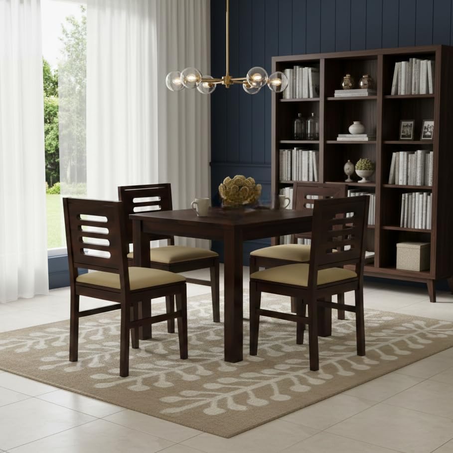 Image of Sheesham Wood Dining Table Set of 4 | Compact 4 Seater Wooden Dining Set for Home & Dining Room | Solid Wood Dining Table with Cushioned Chairs | Dark Walnut Finish