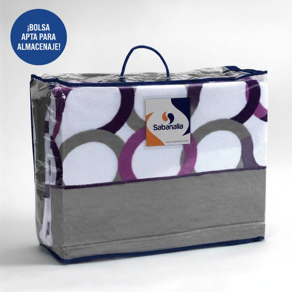 SABANALIA Sábanas Coralina Aros Cama 180x200 Invierno | 4 piezas: bajera ajustable, encimera y 2 fundas de almohada. Poliéster térmico, estampado de aros. Color Lila - Gris.