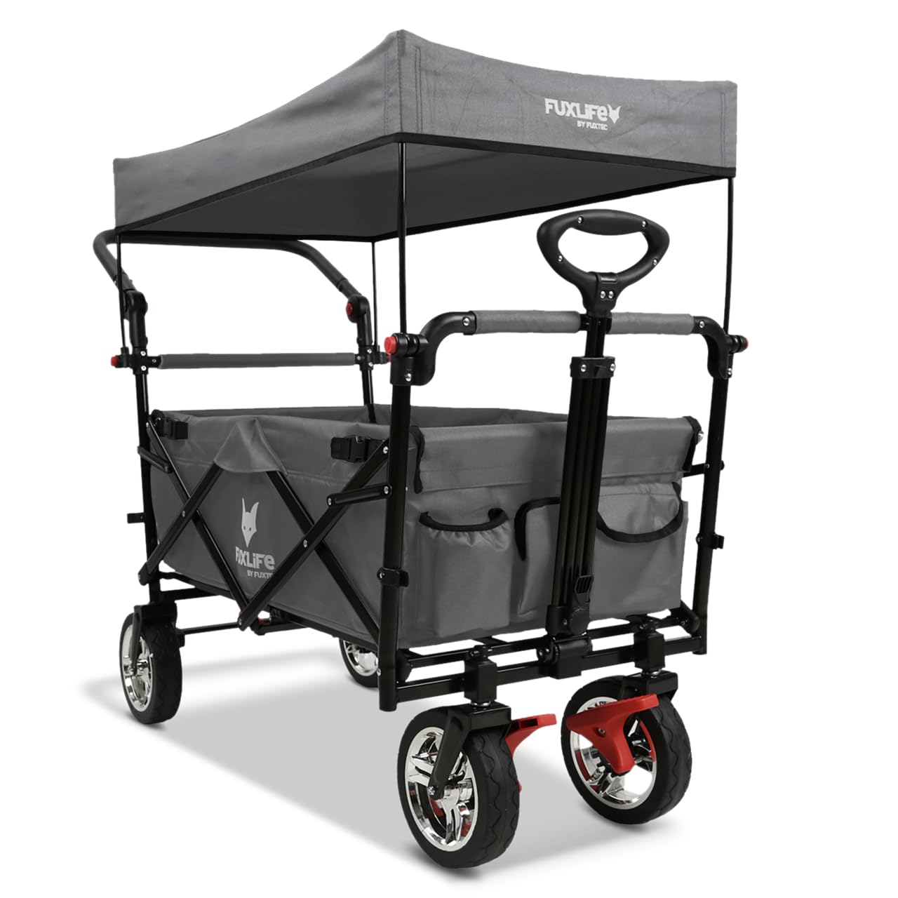 FUXLIFE Carrito Plegable FX-CT700 Gris con Frenos, Asiento Acolchado, asa Ajustable, Carro Resistente para excursiones, jardín y Playa, Plegable y Compacto