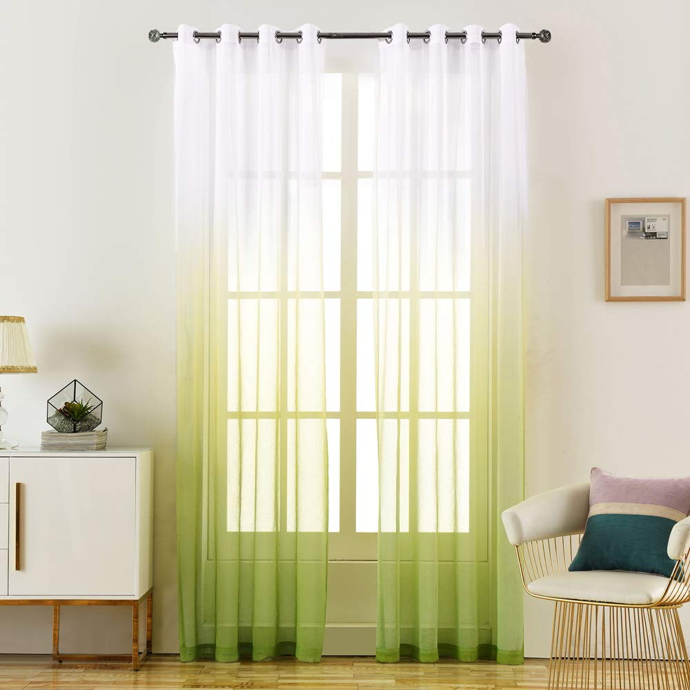 LoyoLady Green Sheer Curtains 96 inches Long 2 Panels Set, Ombre Curtains for Living Room, Grommet See Through Window Curtains & Drapes 52" W x 96" L