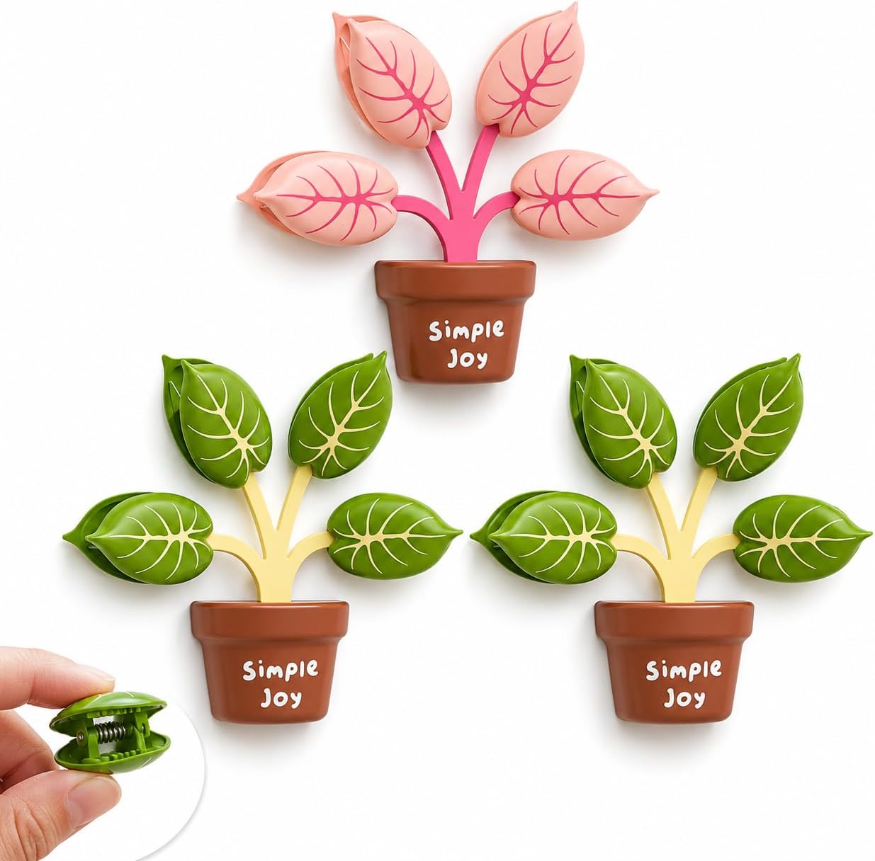 3 PCS Plant Magnets, Flower Chip Clip Magnet with Green Plant Design, Plant Magnets for Fridge with Magnetic Backing, Multi-Use Clip for Bags, Notes, and Photos, in Green and Pink