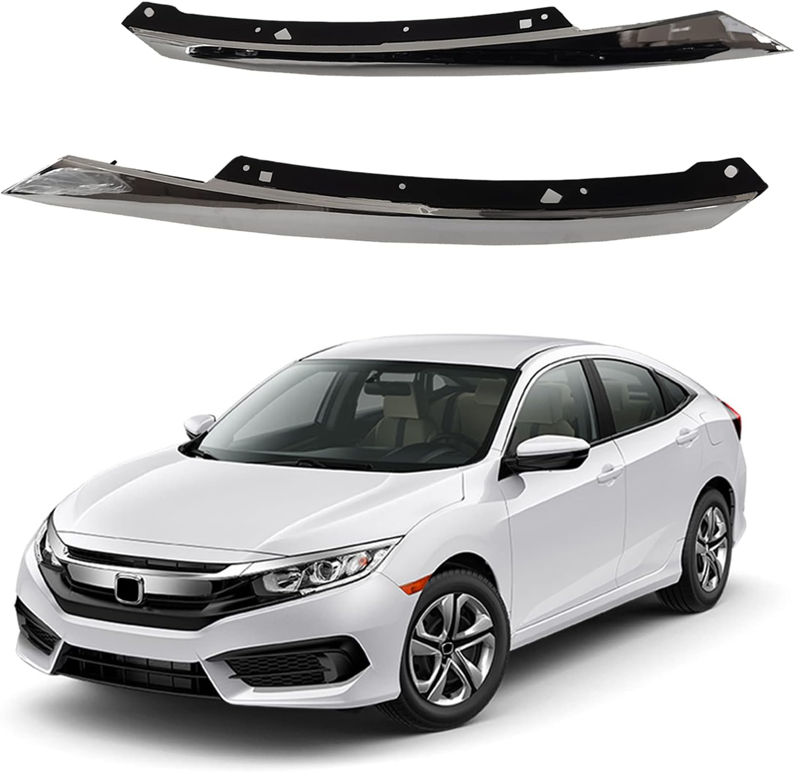 PartsFlow 2PCS Grille Trim Molding Left And Right Side Chrome For 2016 2017 2018 Honda Civic 71124TBAA01 71129TBAA01