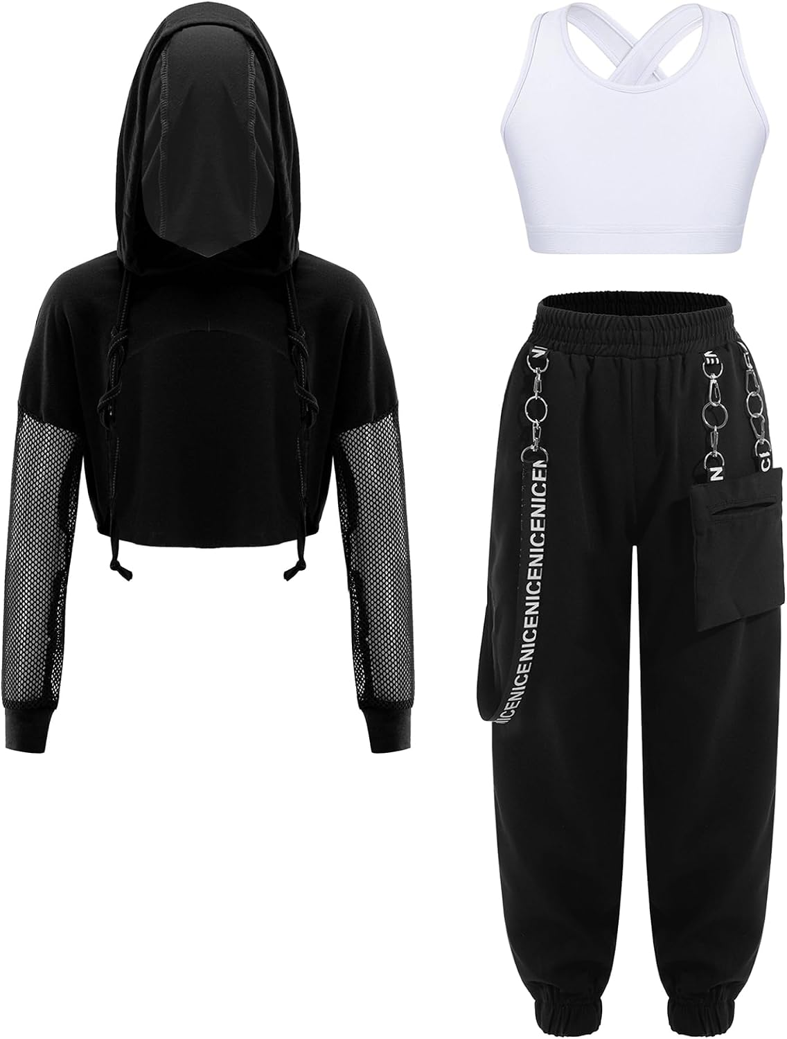 3-Piece Kids Girls Sleeveless Cross Back Top and Sweatpants with Long Sleeve Hooded Crop Top
