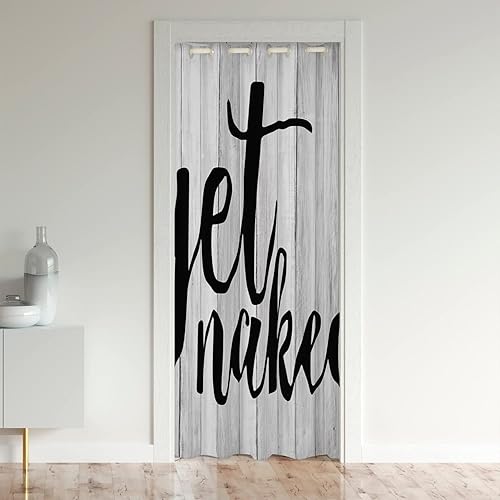 Cortina de puerta con texto en inglés Get Naked para puerta, privacidad de 42 x 80 pulgadas, tratamiento de ventana de grano de madera, decoración