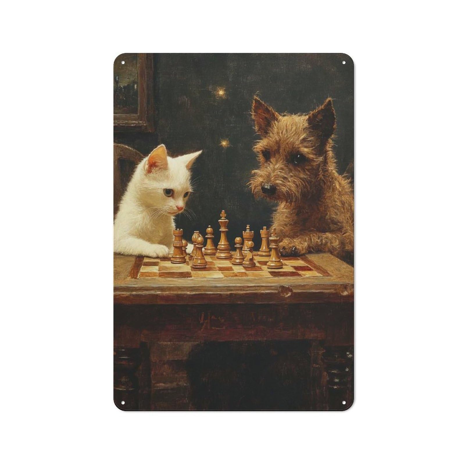 Junmoney Chess Playing Cat And Dog Metal Wall Plaque 30X20cm, Everyday Small Space Decor For Flat, Dorm Room, Lounge Or Cafe