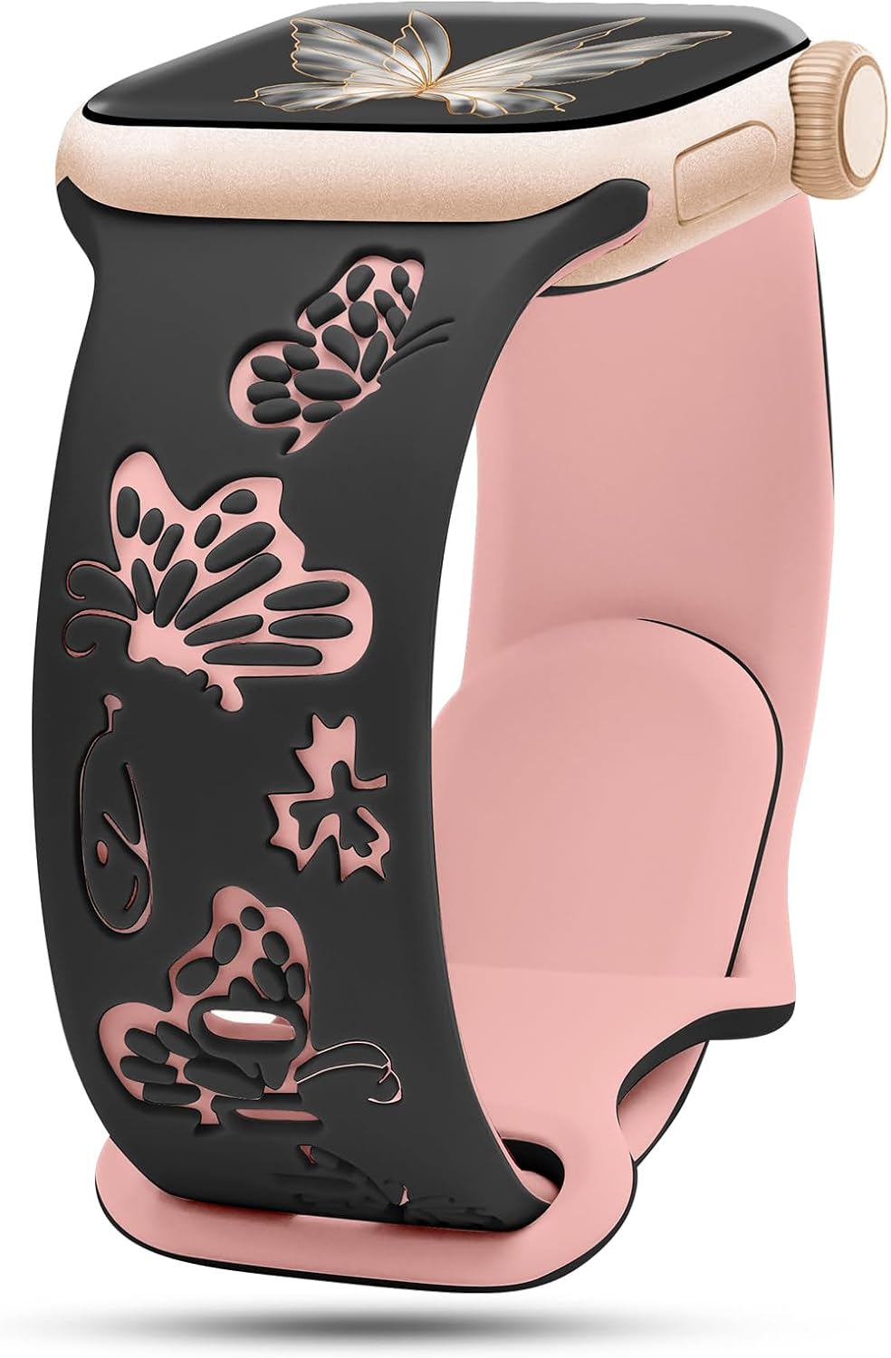 Butterfly Engraved Bands Compatible with Apple Watch Band 44mm 45mm 42mm 46mm for Women, Two-Tone Silicone Soft Sport Strap for iWatch Bands Series 10 9 8 7 SE 6 5 4 3 2 1 Ultra Black_Pink 42mm(series 3 2 1)/44mm/45mm/46mm(Series 10)