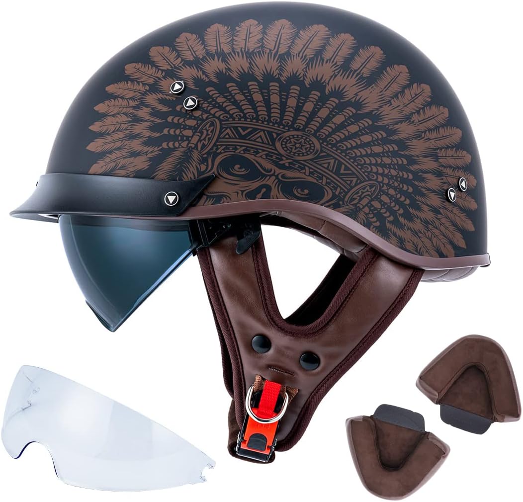 VCOROS F-07 Motorcycle Half Face Helmet Sun Visor Quick Release Buckle DOT Approved Adult Helmets for Men Women (F07 Indian,L F07 Indian Large