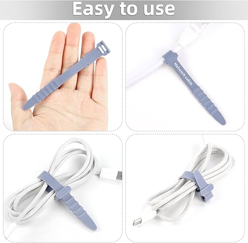 Miniatura 5 de 30 bridas de silicona para cables de goma de 4.5 pulgadas, reutilizables, organizador de cables elásticos para gestión de cables (gris, blanco,