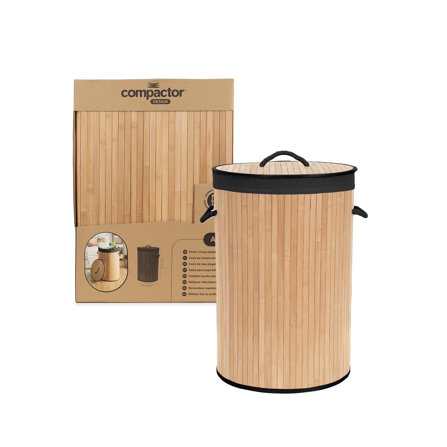 COMPACTOR - Panier à linge rond pliable en bambou avec couvercle - Tissu intérieur noir amovible - Poignées en corde - Format gain de place 40 x H60 cm - Style naturel et sobre