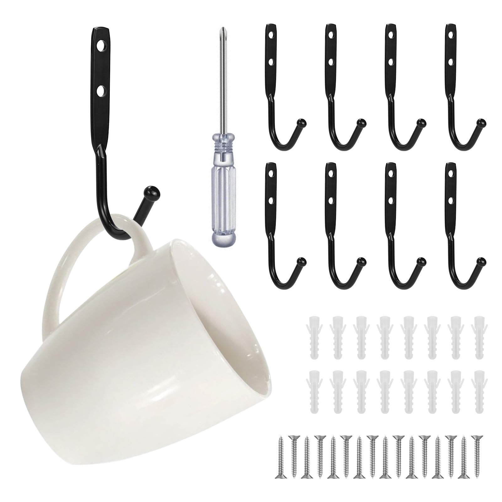8 Pcs Black Cup Hooks, Metal Mug Holder with Screwdriver & 16 Screws, Wall Mounted Cup Holder, Coat Hooks Wall Mounted for Bedroom Living Room Hanging Cups Clothes Hat Robe Towels Keys Bags Storage