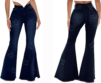 Bell Bottom Jeans for Women Butterfly Vintage High Waisted Skinny Flared Jeans Wide Leg Raw Hem Denim Pants