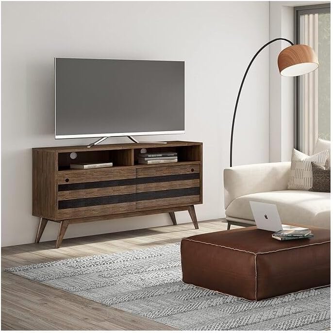 SIMPLIHOME Clarkson SOLID ACACIA WOOD 54 inch Wide Mid Century TV Media Stand in Rustic Natural Aged Brown For TVs up to 60 inches for the Living Room and Entertainment Center