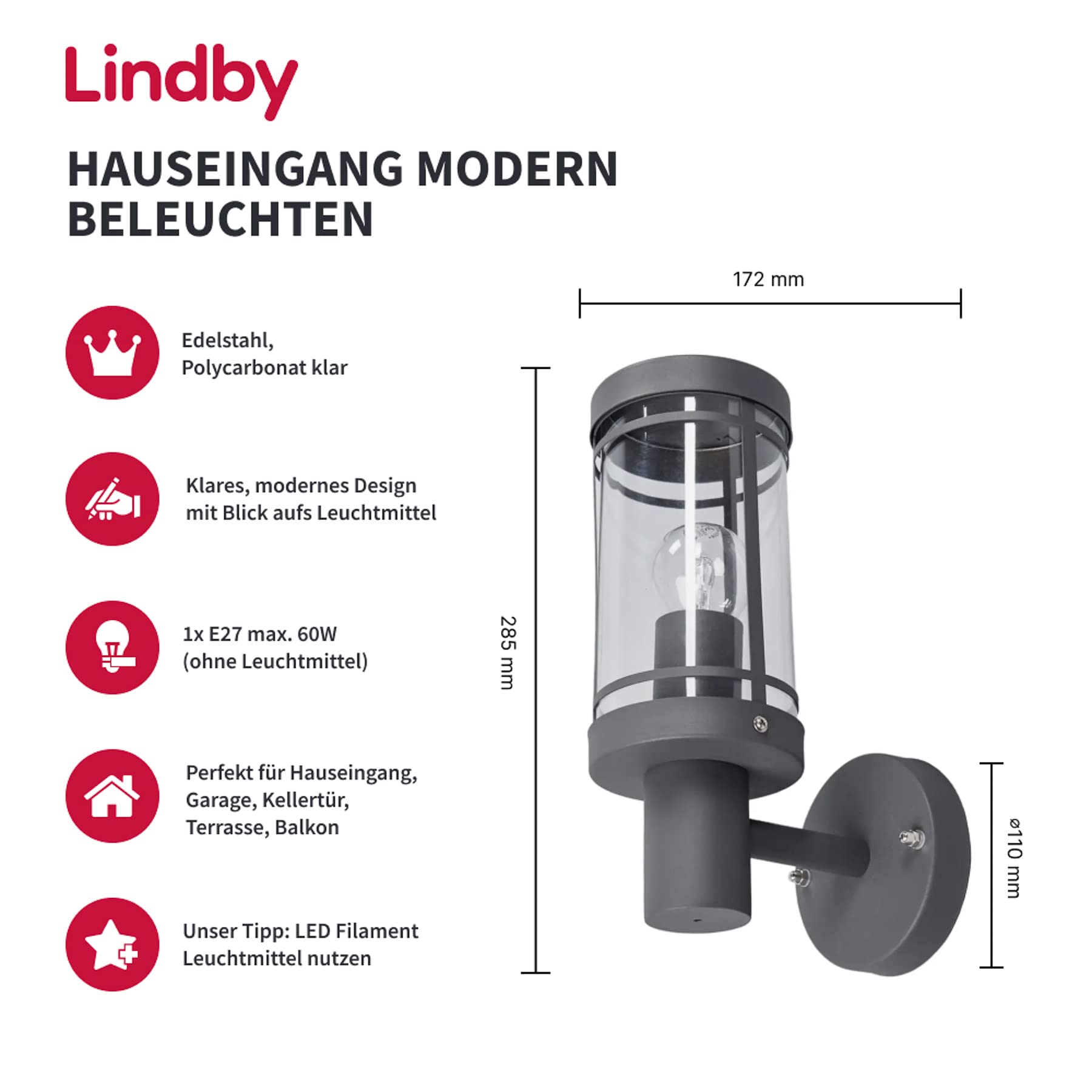 Lindby Edelstahl Wandlampe aussen, Aussenwandleuchte dunkelgrau spritzwassergeschützt IP44 1x E27 max. 60W ohne Leuchtmittel Aussenleuchte