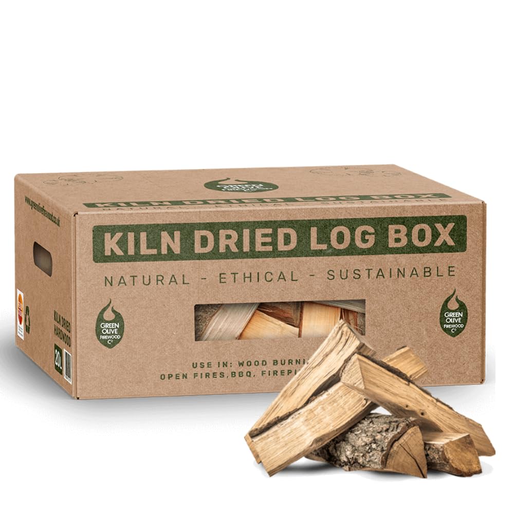 Green Olive Firewood - Kiln Dried Hardwood Logs (6kg / 27Litre) for Wood Burners, Pizza Ovens, Stoves and Fire Pits - Low Moisture, Ready To Burn, BBQs, Long Burn - Sustainably Sourced Firewood