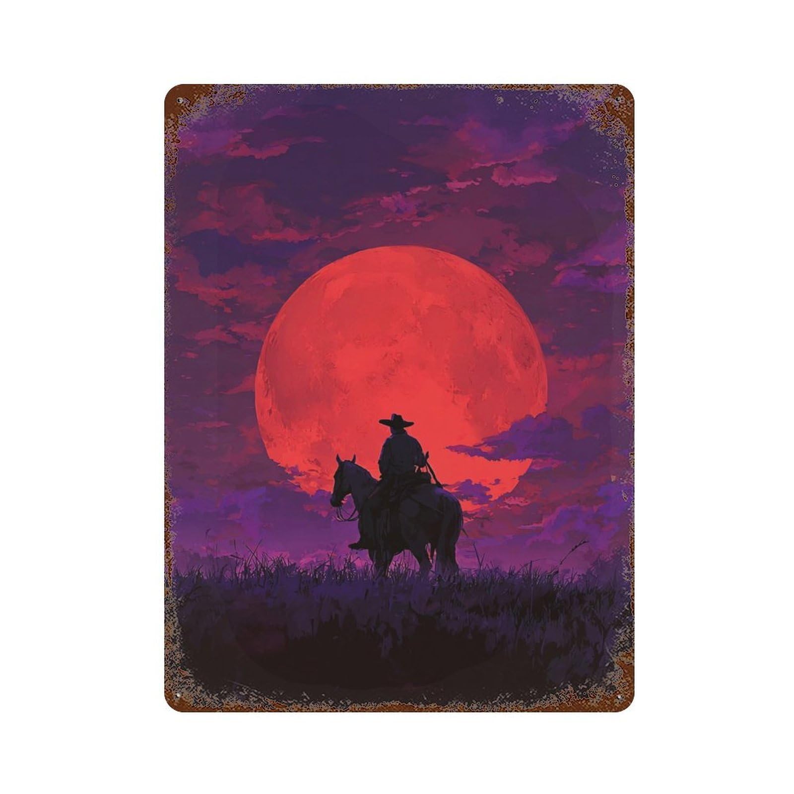 Distressed Metal Wall Sign Moonlit Rider 15.7"x11.8", Vintage Wall Decor for Garage, Bar And Workshop Decor