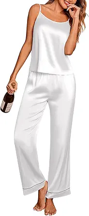 Ekouaer Women Satin Pajamas Silk Sleeveless Pjs Set Soft Camisole Tops and Pants with Pockets S-XXL