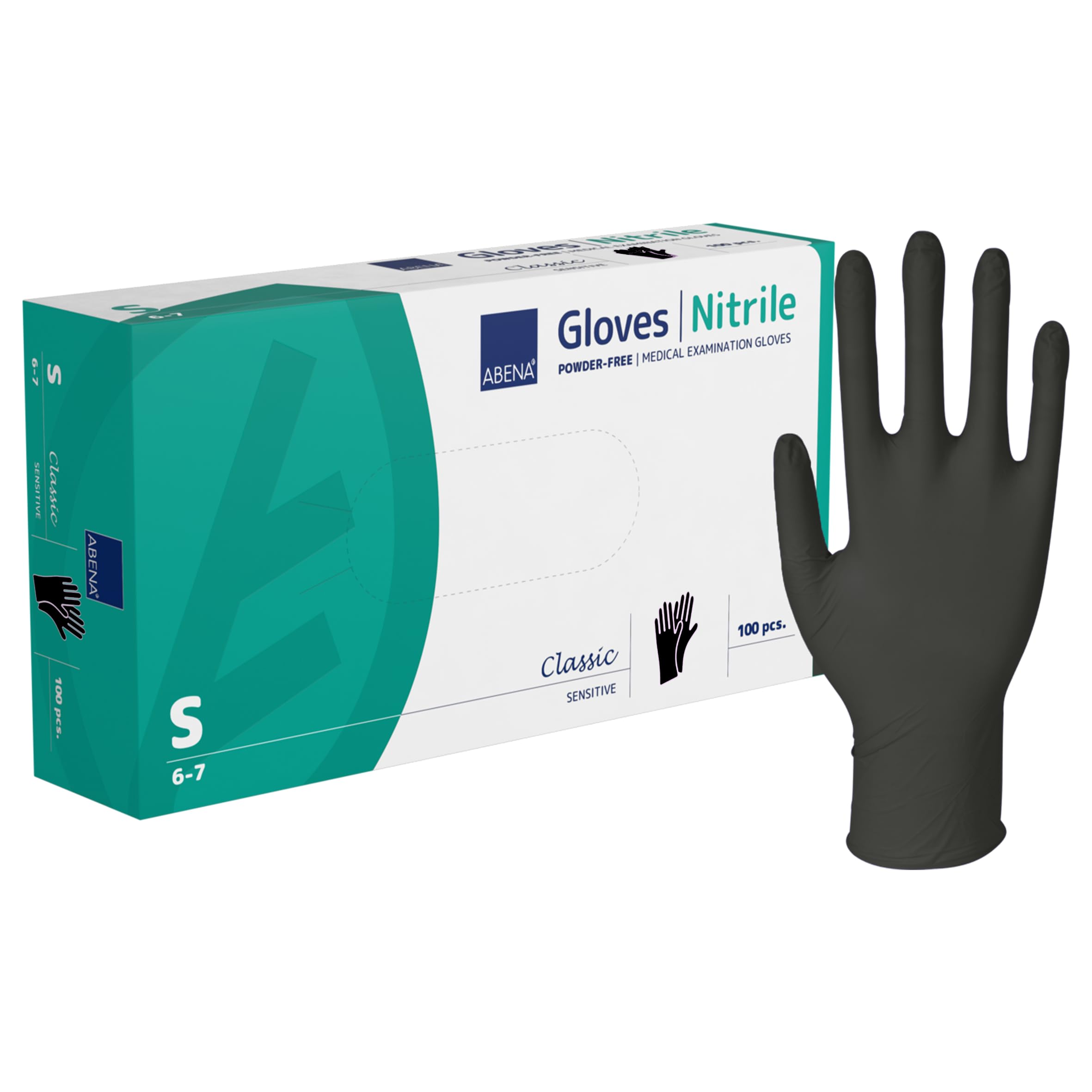 ABENA Black Disposable Nitrile Gloves, Small, Pack of 100, Powder Free, Latex Free, Examination Gloves for Cleaning, Food Prep, Beauty, Medical & Hygiene, Strong Single Use Protective Gloves