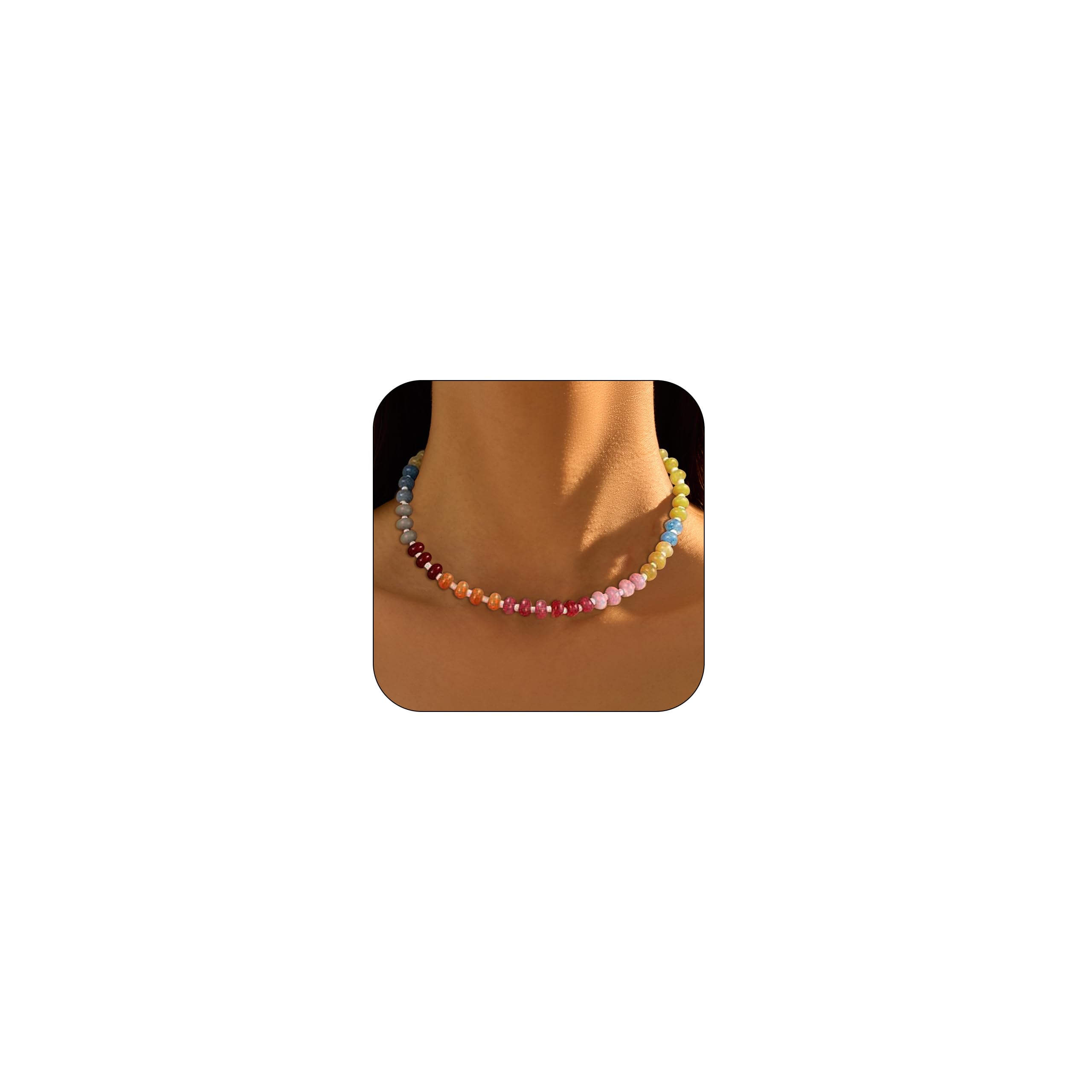 HUASAI Gargantilla colorida con cuentas para mujer, collar de piedras preciosas con cuentas de arco iris, collar de piedra natural de cristal, collares bohemios para mujer, joyería de playa de verano