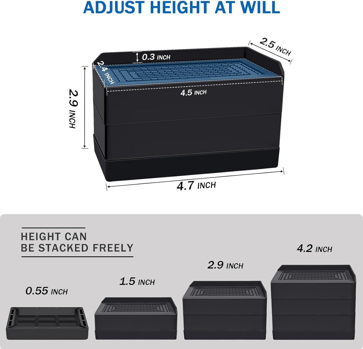 Rectangle Bed Risers, 3 Inch Heavy Duty Adjustable Furniture Risers for Bed Sofa Table and Couch Lift,Support Up to 1,300 Lbs (4 Pack-Black)