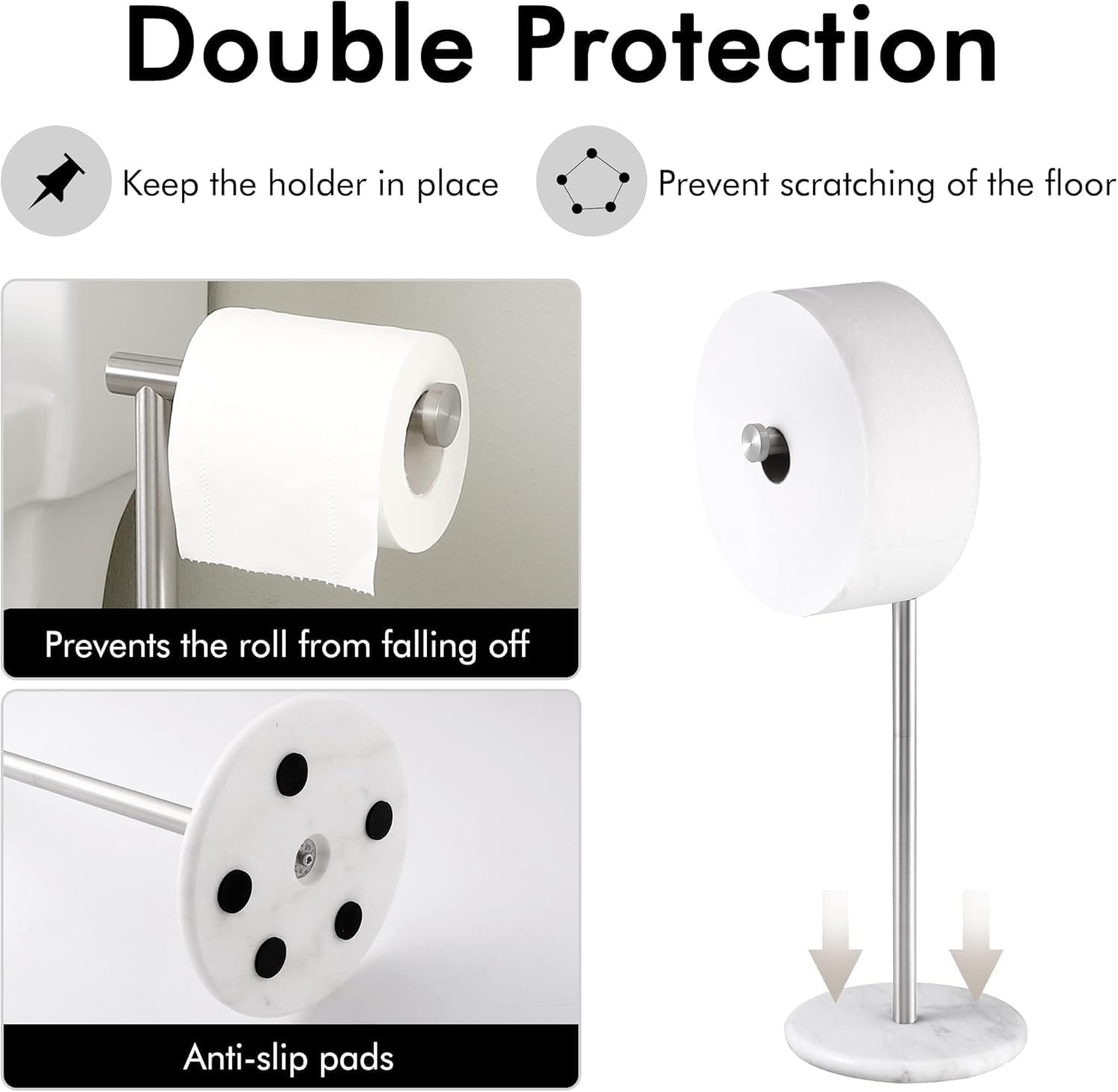 Toilet Paper Holder Free Standing with Natural Marble Base, 26" Height Floor Free Standing Toilet Paper Holder Brushed Nickel