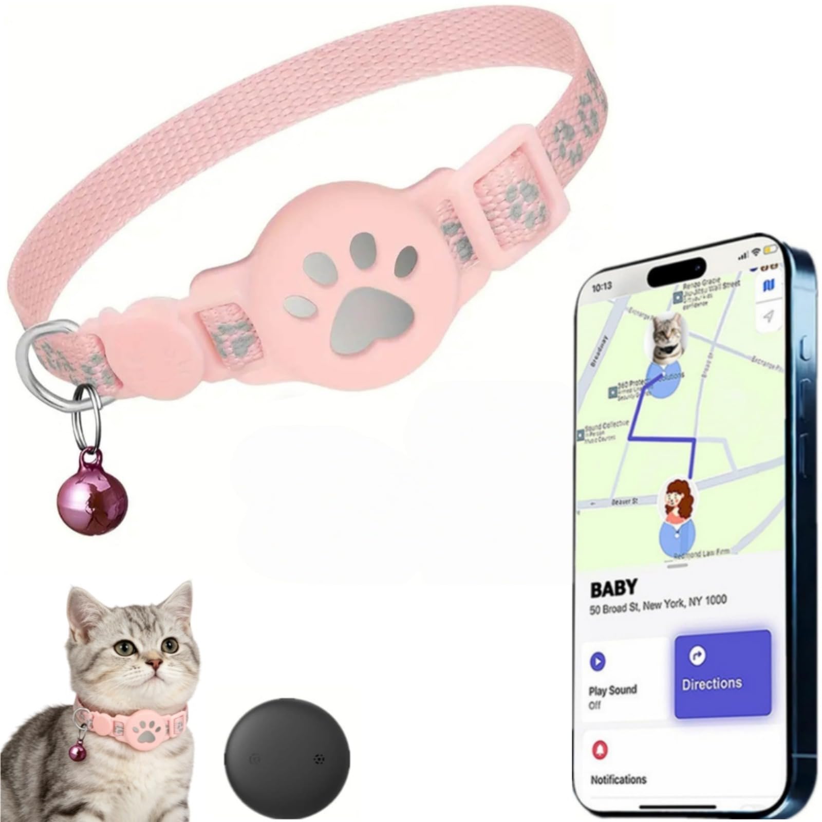 Collier GPS Chat,Traceur GPS Chat Tracker,Traceur GPS sans Carte sim,Bande réfléchissante, imperméable et résistante, avec Clochette,Convient Aussi Bien aux Chats qu'aux Chiens