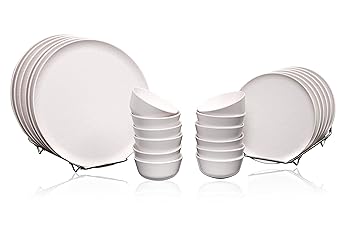 24 Pcs Pure Melamine, BPA Free, FDA Approved, Microwave Safe Donna Hammered Dinner Set for Kitchen/Home -Off White (6 X Big Plates, 6 X Small Plates, 12 X Bowls)