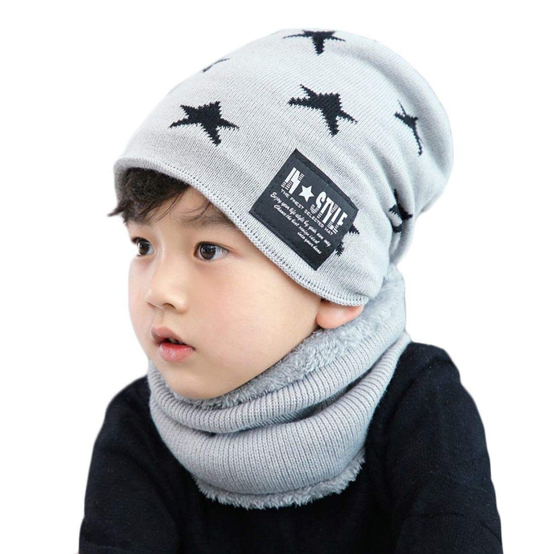 Winter 2-Pieces Knitted Beanie Hat Neck Warmer Scarf Set Fleece Lining Elastic Skull Cap for Adult and Children (Child-Grey)