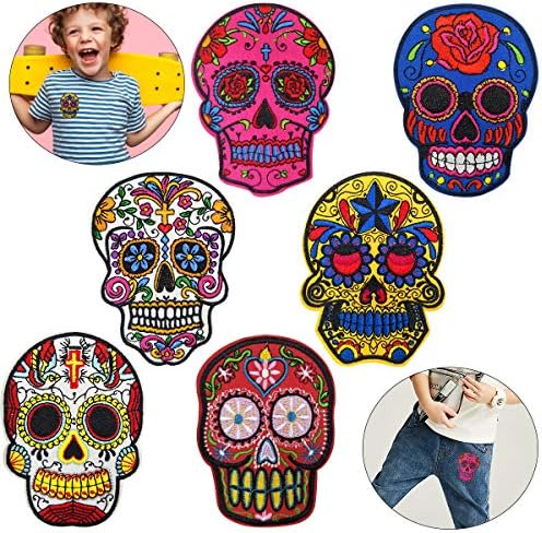 Cieovo 6 Pcs Large Hippie Skull Embroidered Patches Floral Sugar Skull Cross Christian Flowers Sew/Iron on Embroidered Appliqued Badge Sign Patch on Jacket