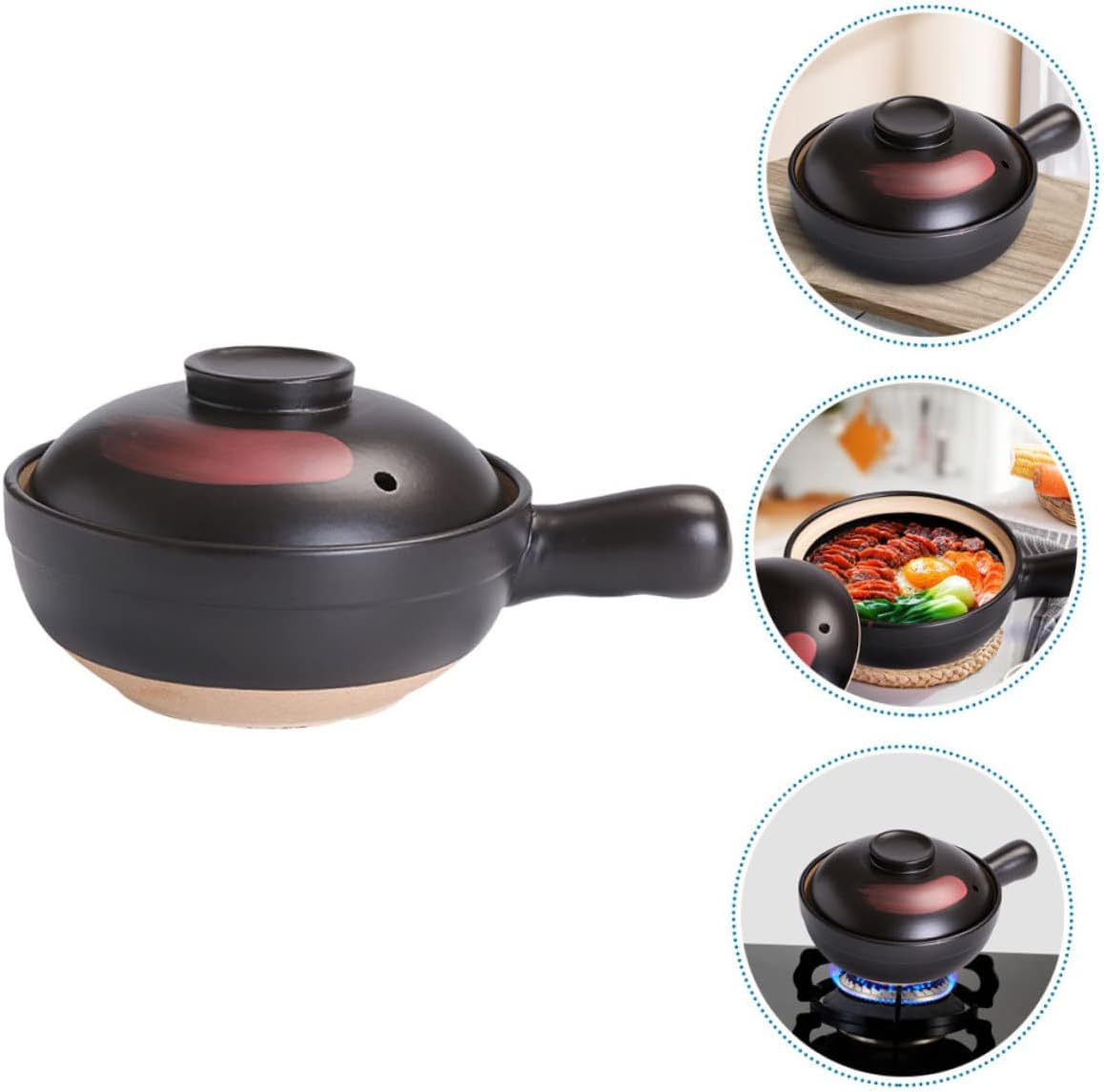 Kichvoe Large Black Clay Casserole Pot with Single Handle for Stew Soup Rice Cooking High Temperature Resistant Food Stew Pot with Flat Bottom for Even Heating for Family Meals and Garden