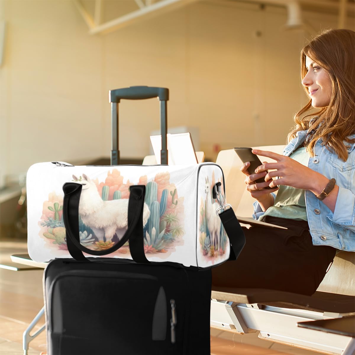 Watercolor Alpaca Cactus Travel Duffel Bag for Women Men Large Capacity Overnight Weekender Bags for Lightweight Waterproof Sport Gym Bag for Workout Yoga Swim