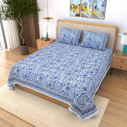Image of India 100% Pure Cotton Jaipuri Printed Double Bedsheet with 2 Pillow Covers | Traditional Sanganeri Floral Design | Soft Breathable Fabric | King Size Bedsheet for Bedroom (Kaya46)