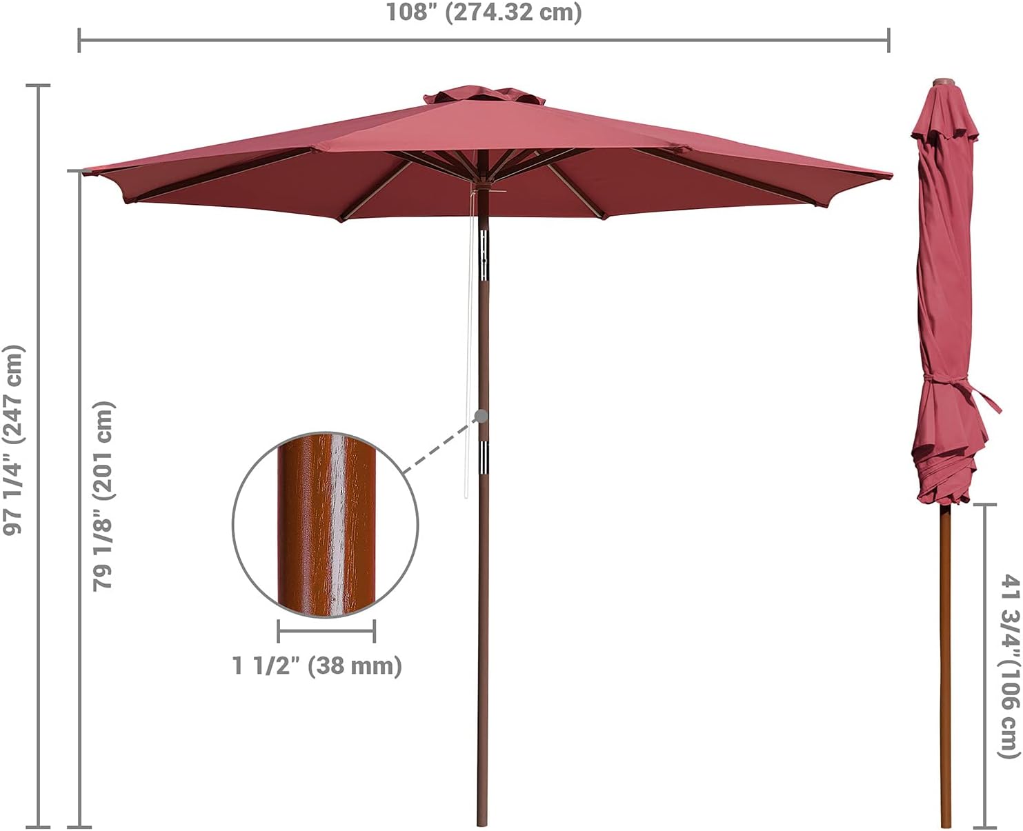 Umbrellas 9FT Wooden Outdoor Patio Table Market Pool Parasol Waterproof Anti-UV Polyester Cloth with 8 Sturdy Ribs Adjustable Tilt Backyard Deck Table Garden Parasol Sunshade
