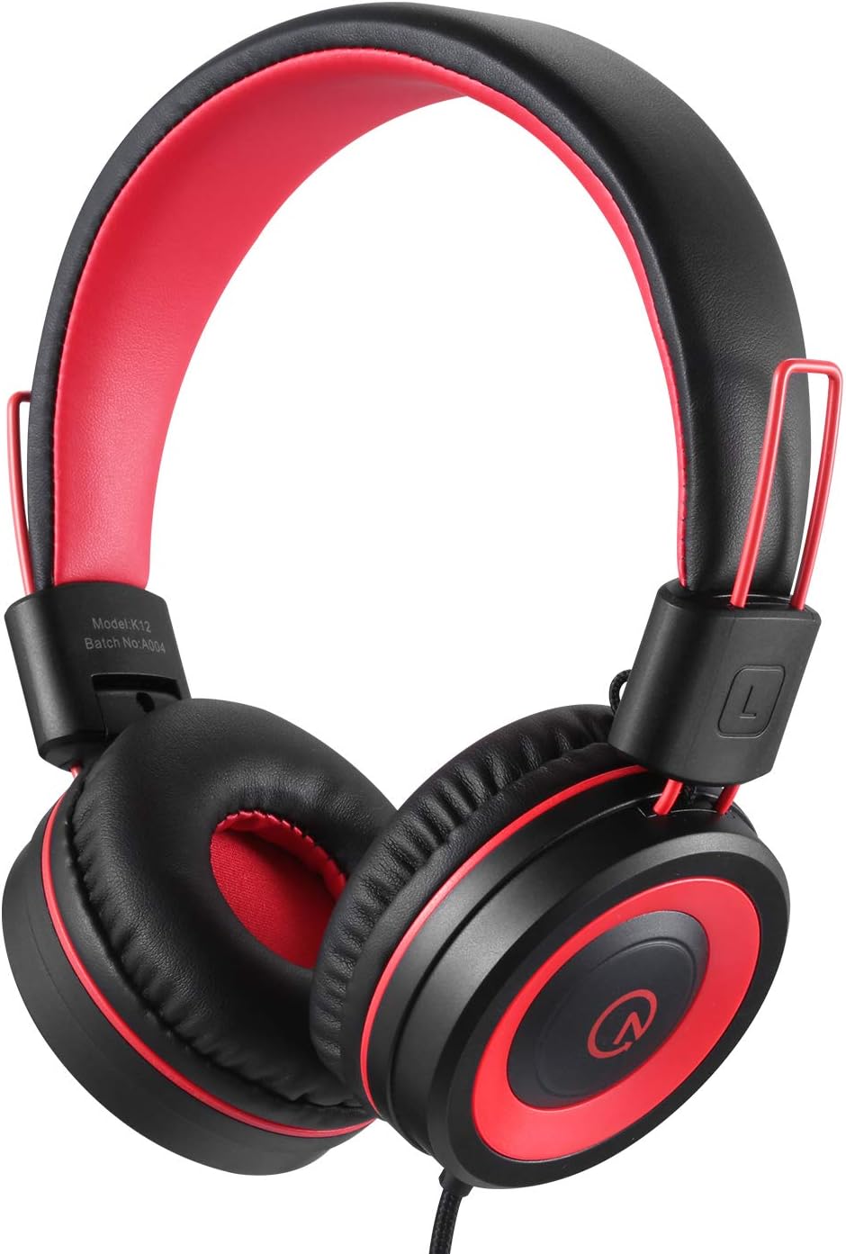 noot products Kids Headphones with Microphone K12 Stereo 5ft Long Cord with 85dB/94dB Volume Limit Wired On-Ear Headset for iPad/Amazon Kindle,Fire/Toddler/Boys/Girls/School (Red Black)