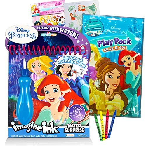Disney Super set di pittura con acqua per ragazze e bambini, libro senza disordine con pennello a sorpresa d'acqua, mini libro da colorare e adesivi (accessori per feste Disney Princess)