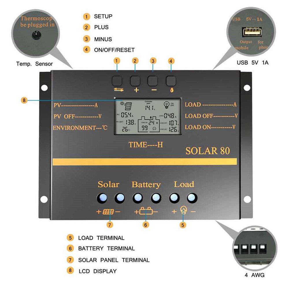 Regulador de carga solar, 80 A, panel solar, regulador de carga de batería, generación de energía fotovoltaica, pantalla LCD de 12 V/24 V