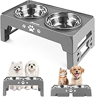 Vista 19 de Cuencos elevados para perros y gatos pequeños con alfombra, cuencos antideslizantes para gatos con 2 platos gruesos de acero inoxidable de 5.5