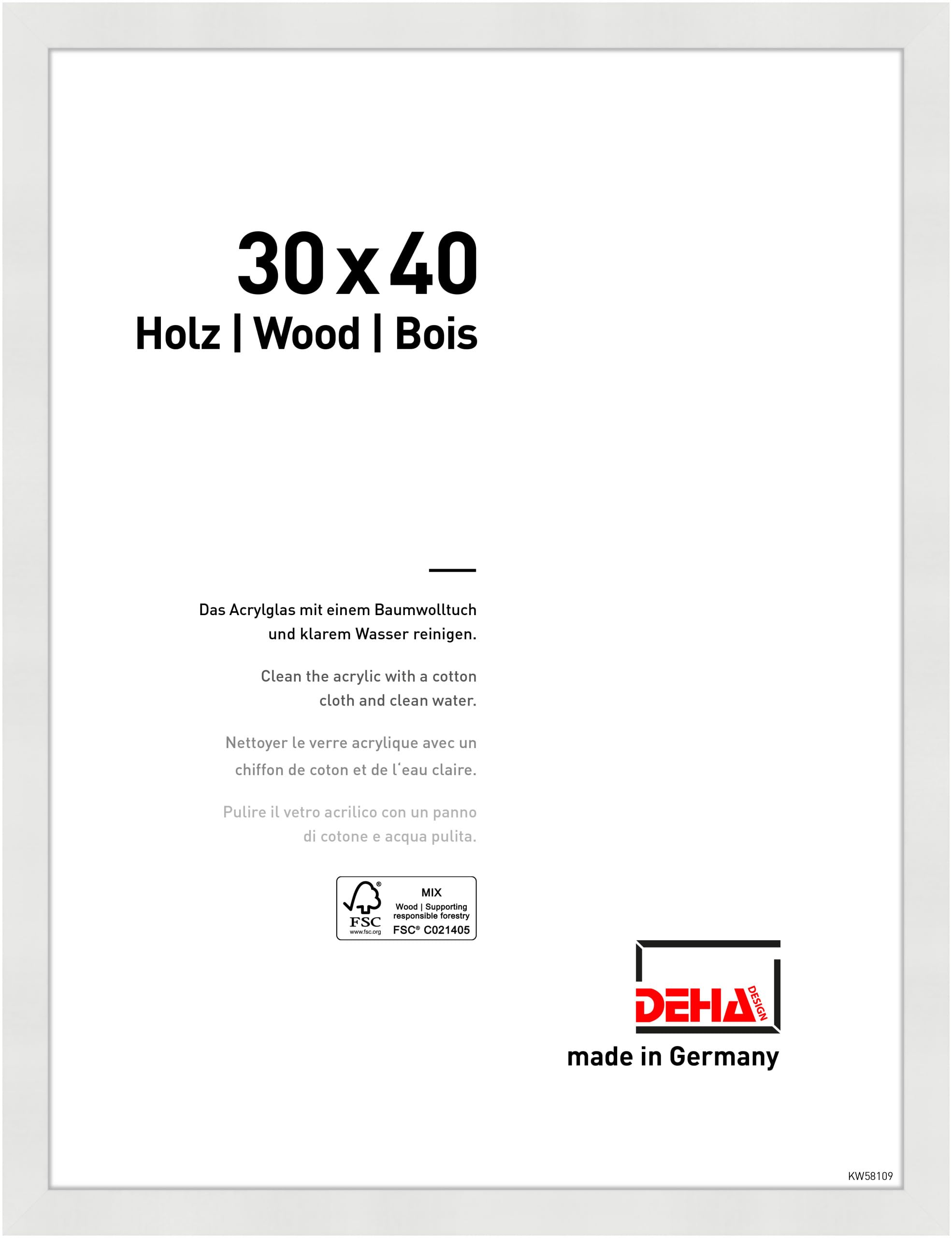 DEHA Design marco de madera Fontana, 30x40 cm, Blanco