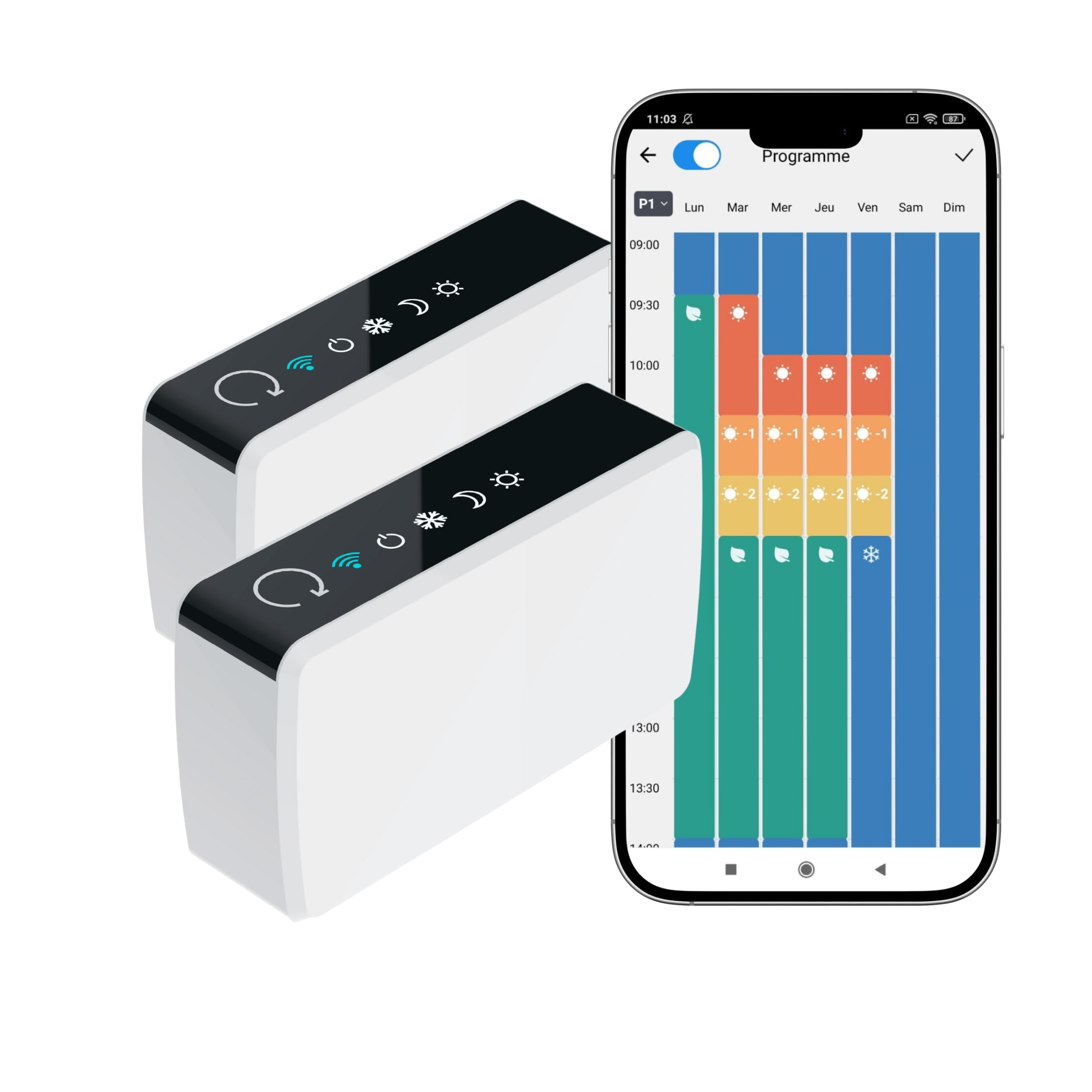 Pack de 2 Contrôleurs connectés pour radiateur électrique Konyks eCosy, Compatible Alexa et Google Home, Fil Pilote 6 ordres, Voyants de Mode, Automatisations faciles… Blanc