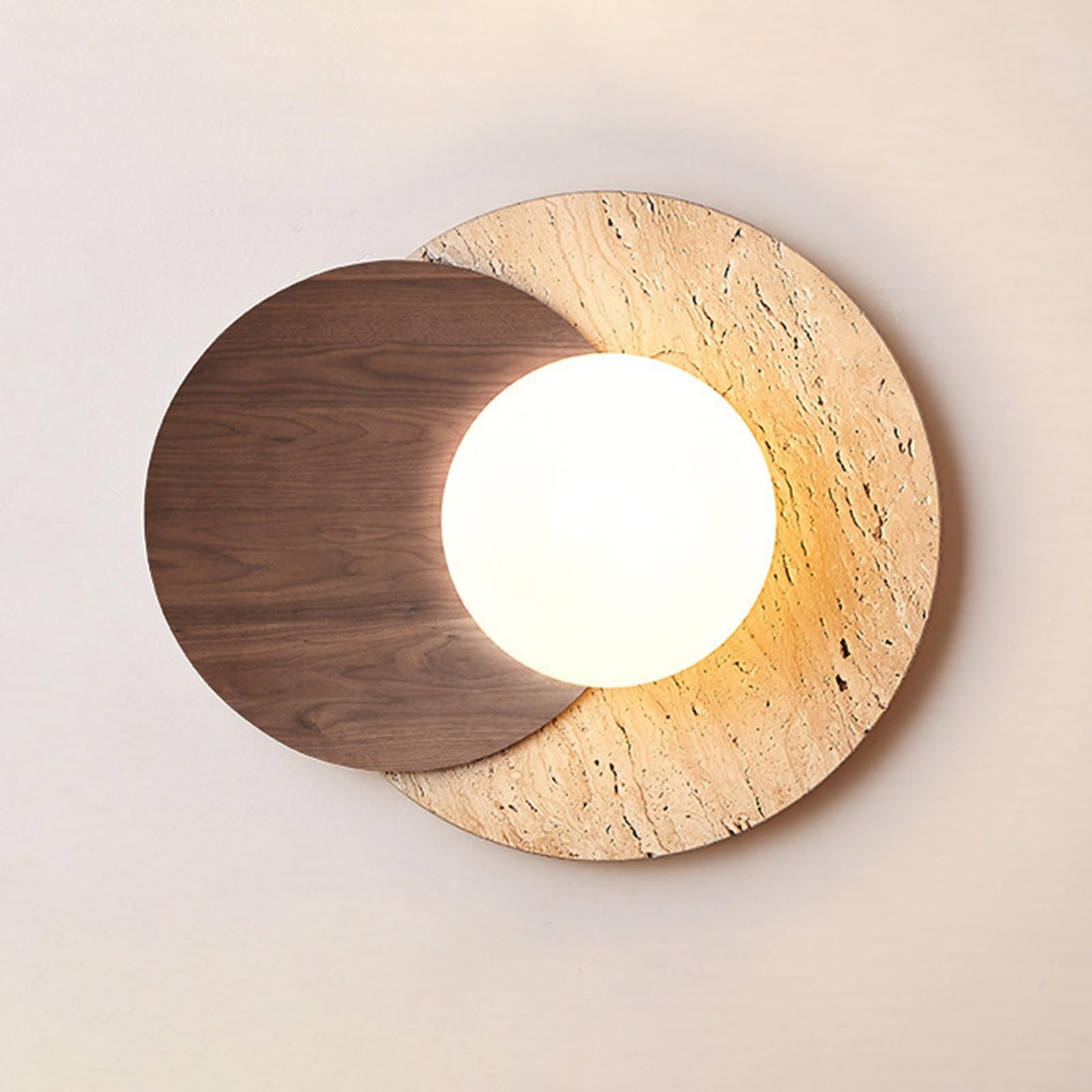 SXWNBIFH Vintage Splicing Round Wall Light Solid Wood & Natural Yellow Travertine Stone Wall Lamp with Glass Globe Lampshade, for Living Room, Bathroom & Vanity Light Fixture(Walnut Wood Color)