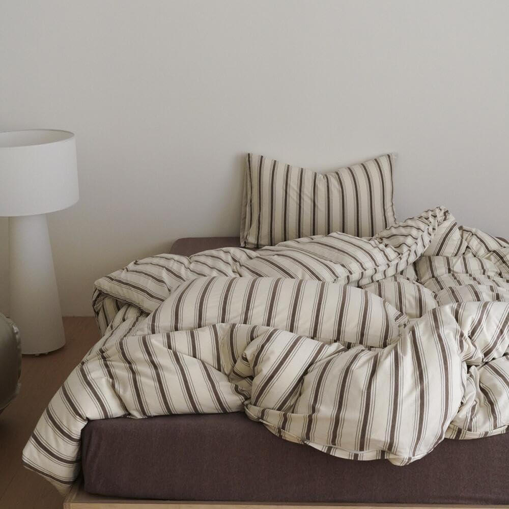 Freyamy - Juego de funda de edredón 220 x 240 cm con rayas marrón beige, juego de cama para 2 personas, para niñas y mujeres, con cierre de cremallera, juego de funda impreso de rayas en microfibra