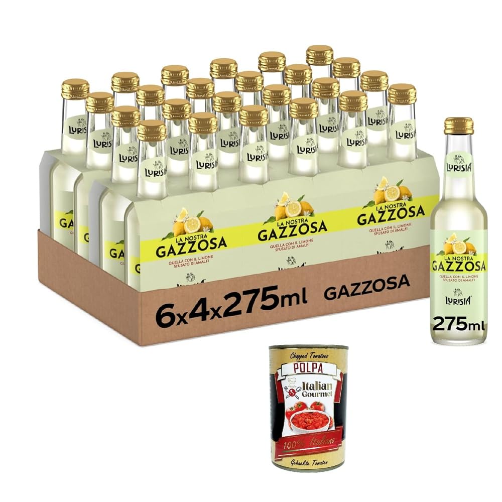 Italian Gourmet Lurisia La Nostra Gazzosa 24 x 275 ml – Boisson Gazeuse Italienne au Citron – Bouteilles en Verre + Italian Gourmet Polpa de Tomates 400 g