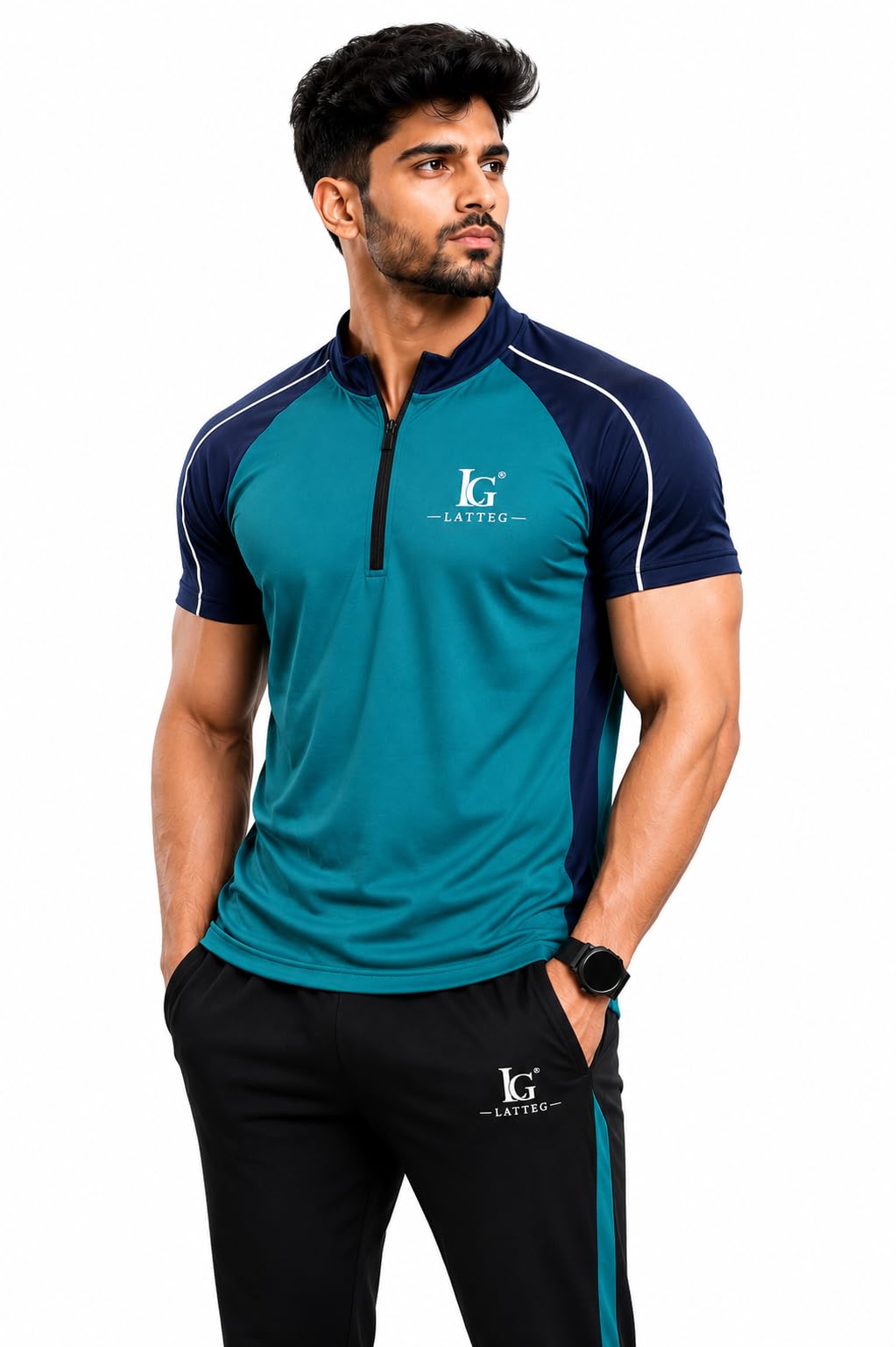 Latteg Men's Half Zip Sports T-Shirt Teal & Navy Raglan-image-19