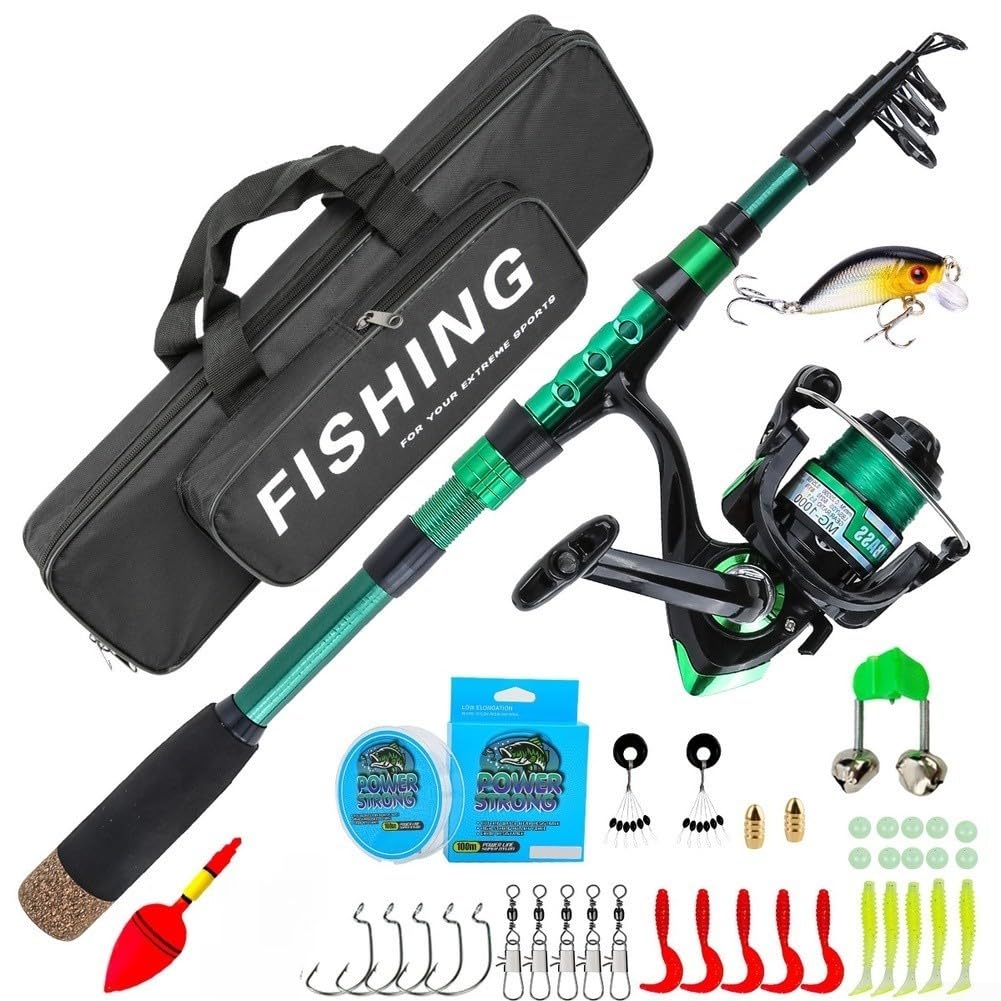Combo de pesca telescópico en fibra de carbono ideal para llevar en mochila y rutas de montaña