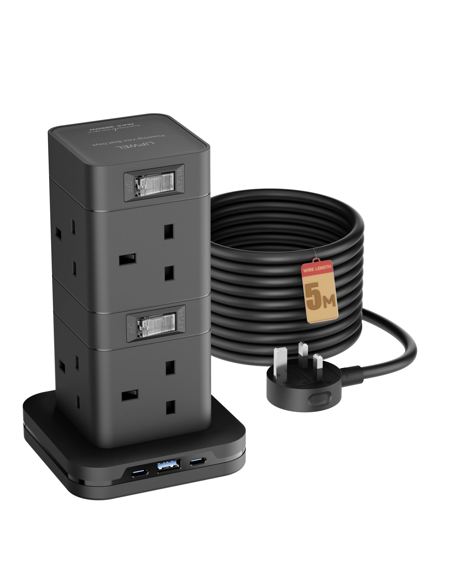 LIPWEL Extension Cord 20W Fast Charging Surge Protection Extension Plug Overload Protection Power Strip 8 Sockets Extension Cable 3250W Switched Extension Lead 5 Metre