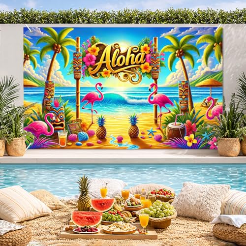 Image of BlissYard Aloha Beach Banner 71 x 43 Inch Hawaiian Luau Party Decorations Summer Beach Backdrop with Flamingo Tiki Mask Palm Tree for Summer Pool Party Photo Booth Wall Decor