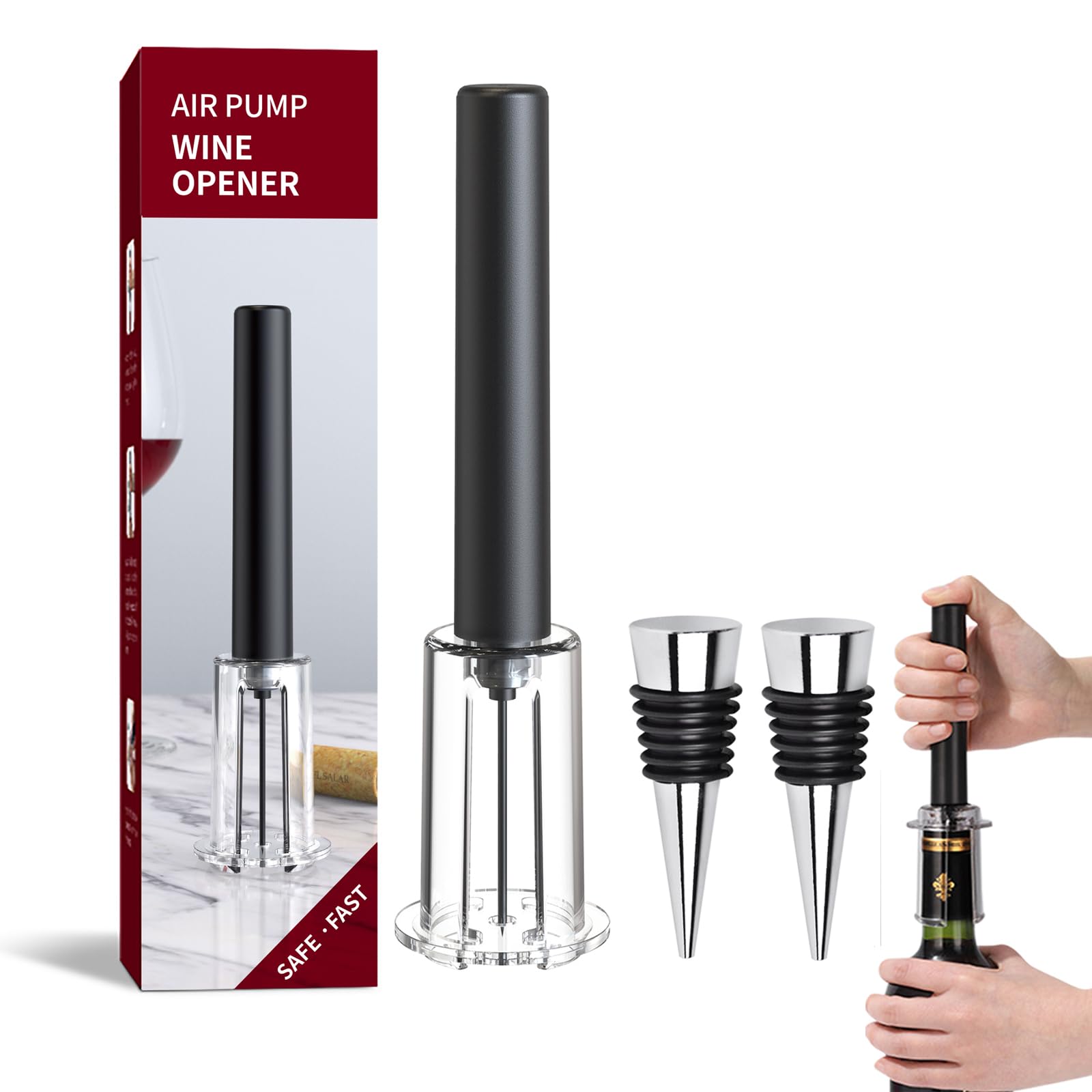 Senmubery 4 Stks Wijnopener Set, Luchtdrukpomp Flesopener Geschenkdoos Inclusief Wijnopener Kit Vacuüm Stopper en Wijnschenker Tool