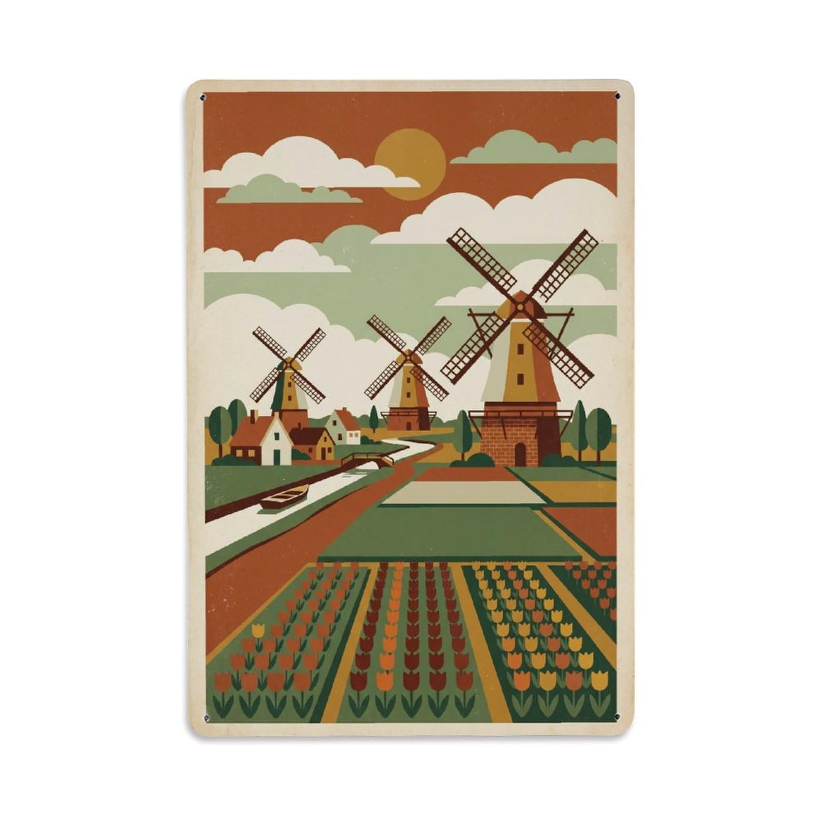 Cmhok Vintage Style Vintage Travel Windmill Netherlands Metal Tin Sign Wall Decor For Cafe, Club, Garden Metal Poster 8X12inch