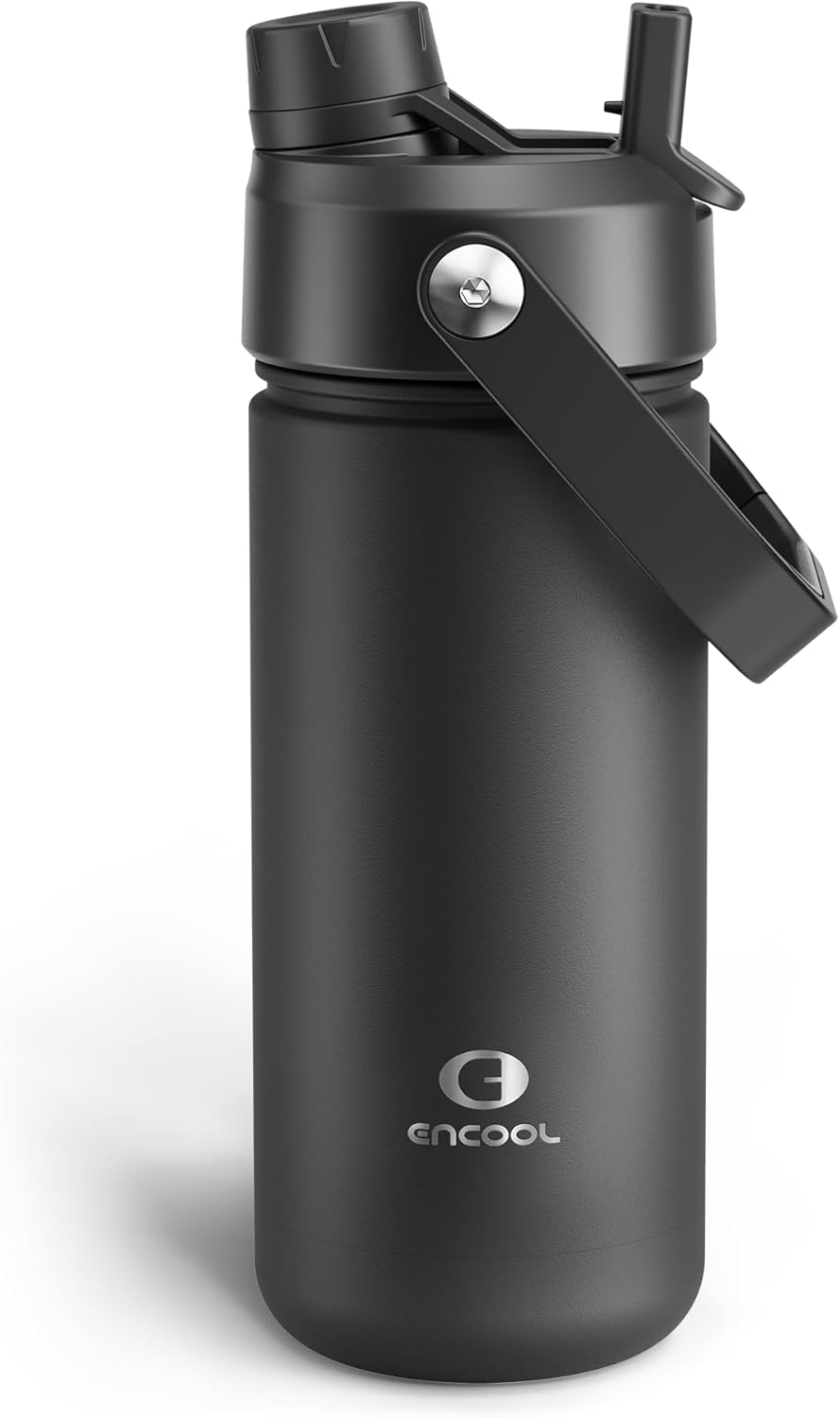 ENCOOL Botella de agua aislada con popote, de acero inoxidable, a prueba de fugas, sin BPA, al vacío de doble pared que se mantiene fría durante 24