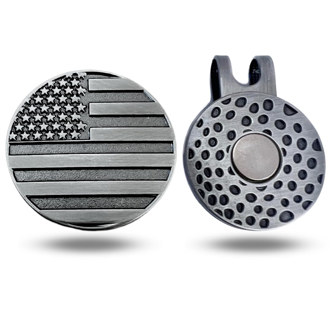 Full Metal Markers American Flag Unique Magnetic Metal Golf Ball Marker Accessory with Hat Clip for Men and Women (Nickel)