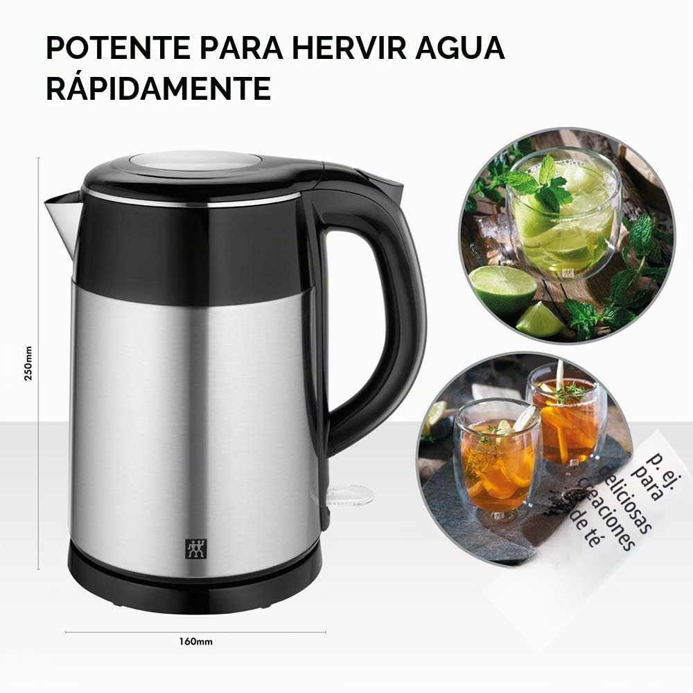 Hervidor Eléctrico Zwilling con Indicador de nivel de agua, Apagado automático, Doble pared, Asa resistente al calor, Inalámbrico, Filtro de malla antical, Tapa con bisagra, Plateado y Negro
